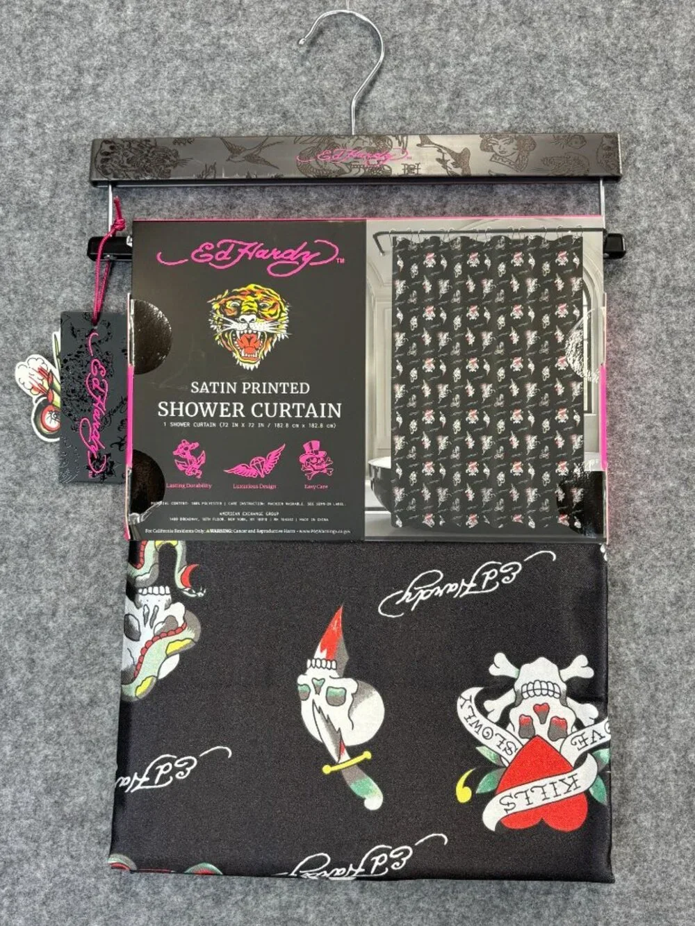 Ed Hardy Shower Curtain Black Satin Printed Skulls Hearts Love Kills Slowly